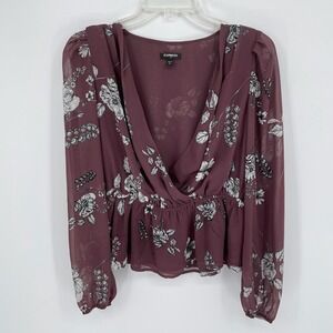 Express Women's Purple Floral Surplice Peplum Blouse Size M